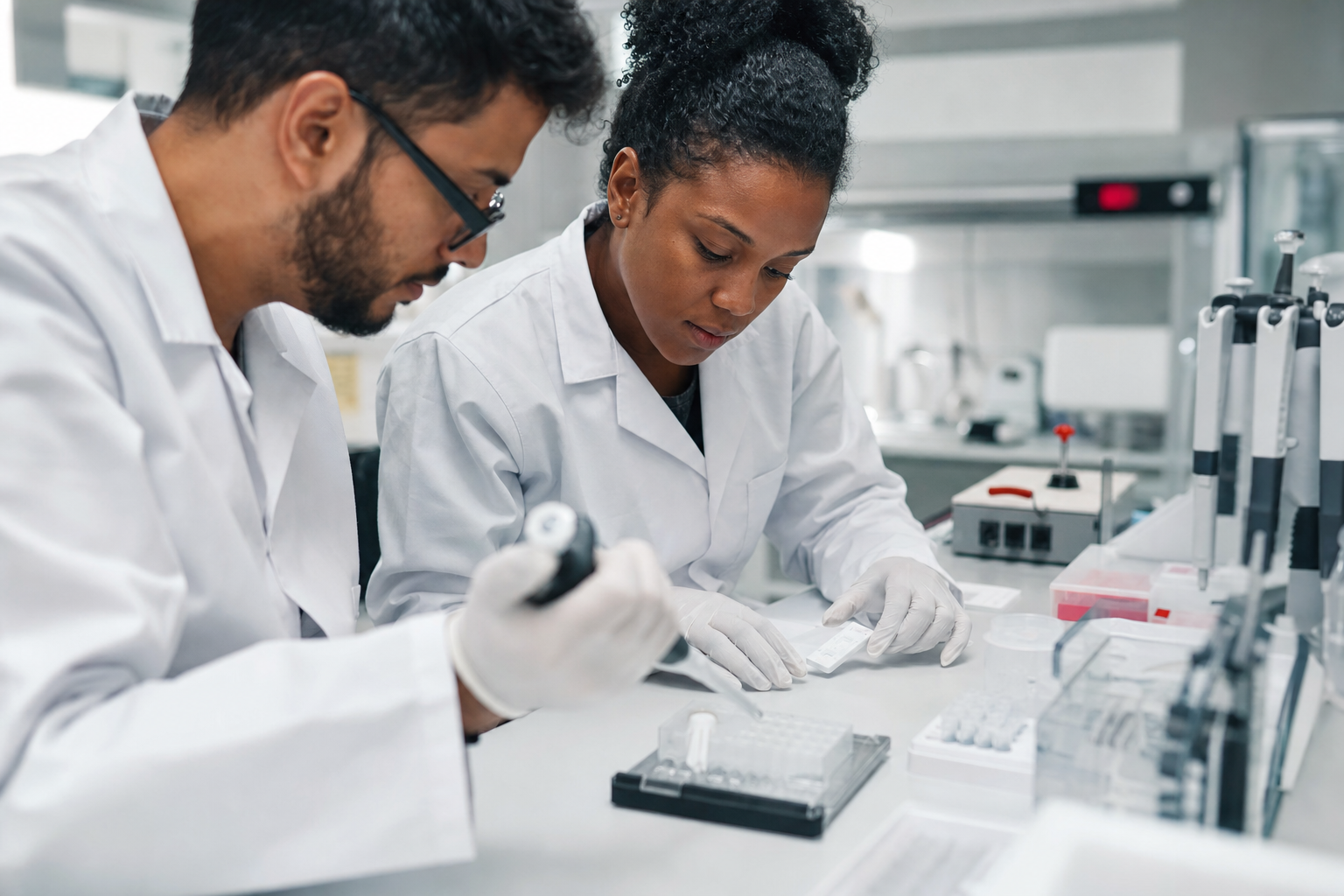 AI-generated conceptual image of two laboratory researchers collaborating at a diagnostic research workbench